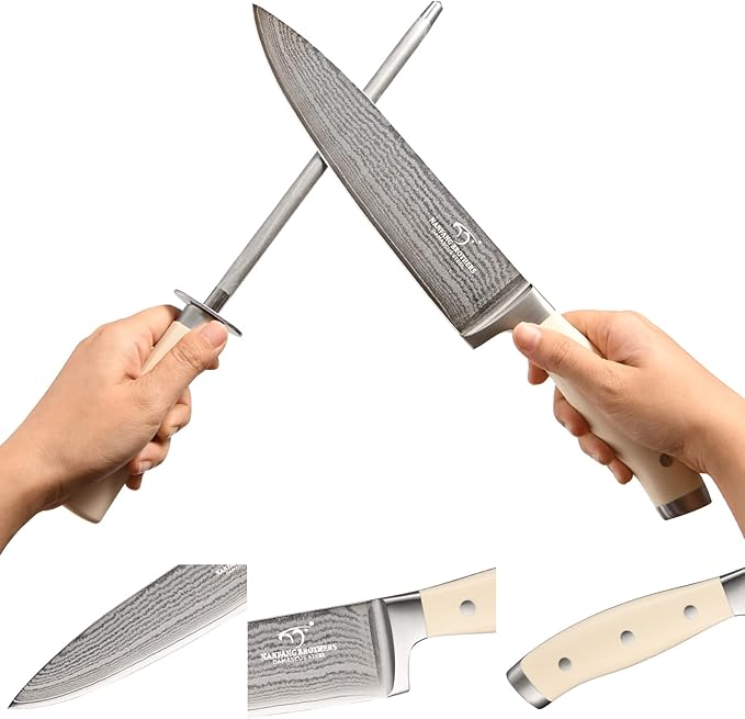 NANFANG BROTHERS Knife Set, 9 Pieces Damascus Kitchen Knife Set with Block, ABS Ergonomic Handle for Chef Knife Set, Knife Sharpener and Kitchen Shears, Knives for Chopping, Slicing & Cutting