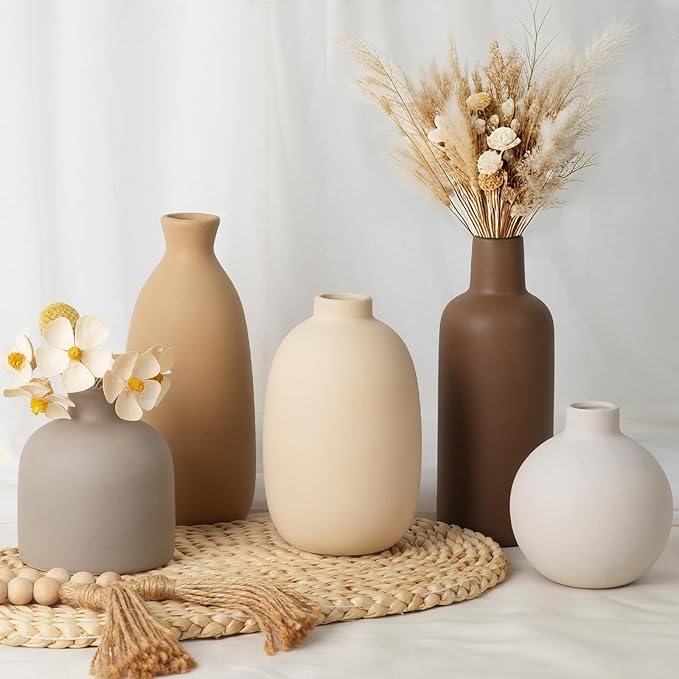CUCUMI Ceramic Vase Set of 5, Vases Home Decor Rustic Farmhouse Decorative Vase Pottery Vases for Bouquet Pampas Grass Dried Fresh Flowers, Table Living Room Kitchen Bedroom Bathroom
