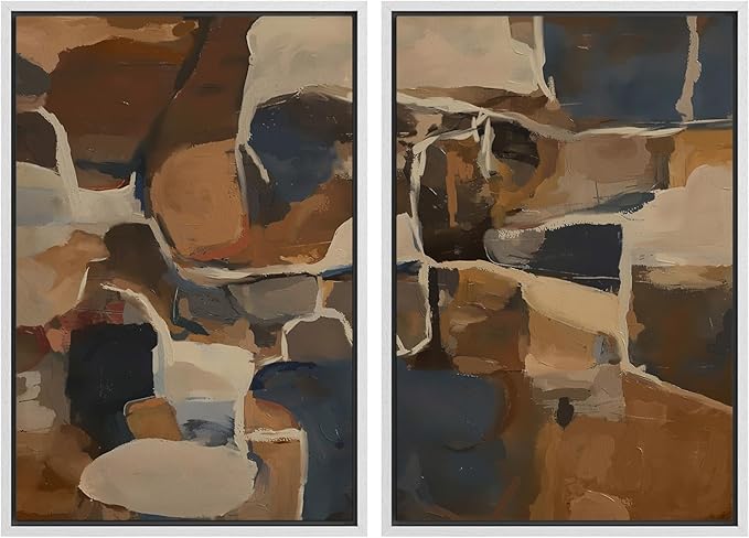 SIGNFORD Framed Canvas Print Wall Art Set Earthy Tones Abstract Layers Modern Brown and Blue Color Block Illustrations Modern Art Decorative for Living Room, Bedroom, Office - 24"x36"x2 White