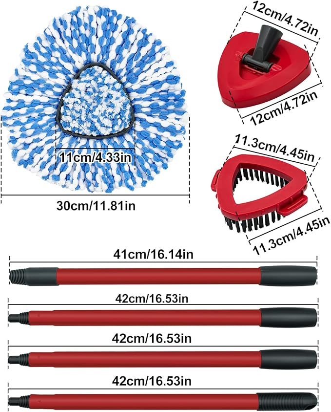 Spin Mop Handle,Mop Heads Replacements,Scrubber Mop Head and Mop Base Compatible with O-cedar RinseClean 2-Tank Spin Mop System,Mop Handle and Head Replacement Combo Set for Wet Dry Use Floor Cleaning