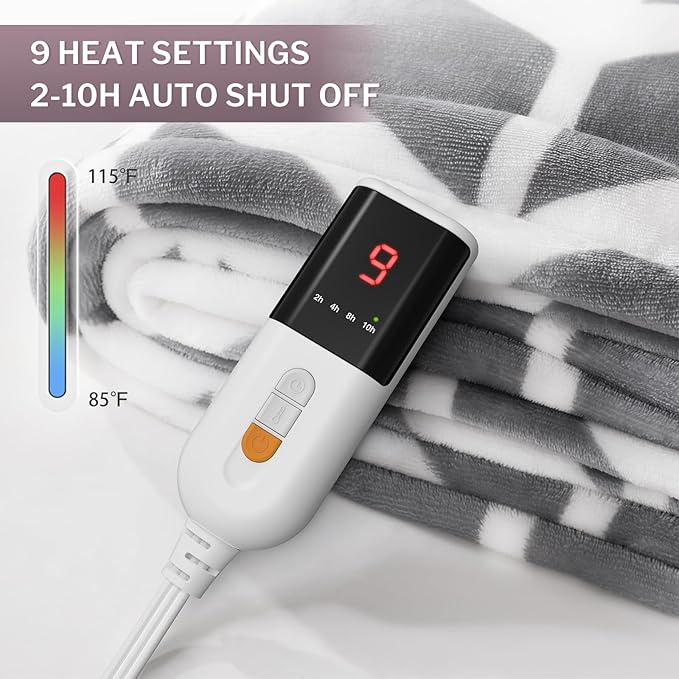 VENTIMI Electric Blanket Heated Throw, 62" x 84" Heated Blanket with 9 Heat Levels & 2 to 10 Hours Auto Off, Fast Heating Blankets with ETL & FCC Certification, Grey