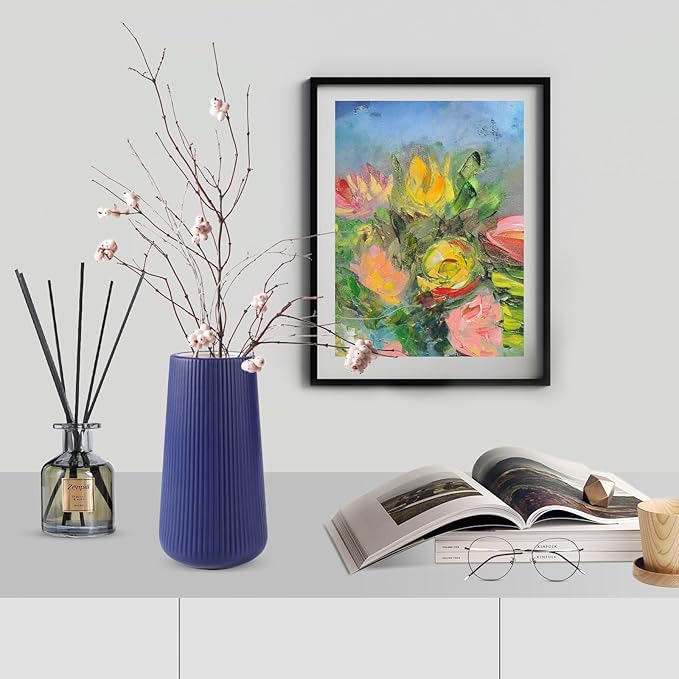 Navy Blue Ceramic Vase, GUKJOB Small Cute Flower Vase for Pampas Grass, Home, Living Room, Dining Table, Farmhouse, Office Decor, Bedroom, Table, and Kitchen Shelf (Navy Blue)