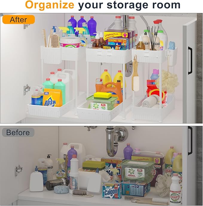 3 Pack Under Sink Organizers, 2-Tier Multi-Use Kitchen and Bathroom Organizers and Storage with Sliding Drawers,Bathroom Cabinet Organizer (White, 12.8 Inch)