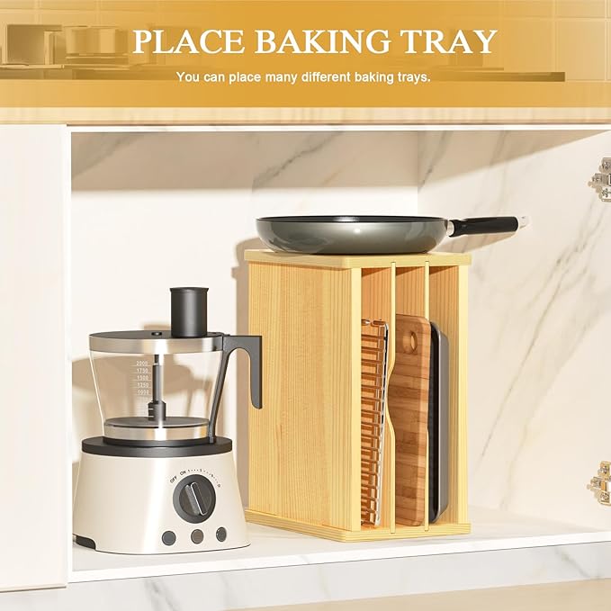 4 Tier Wooden Cabinet Tray Dividers, Kitchen Vertical Baking Sheet Organizer, Storing Pans, Baking Trays, Cutting Board