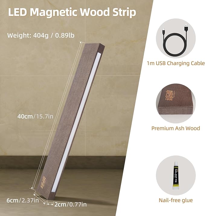 FINDKING 16 Inches Lighted Magnetic Knife Strip, Backlit LED Utensil Holder for Wall and Refrigerator, Magnet Knife Rack for Home Kitchen, No Drill (Ash Wood, Dark Brown)