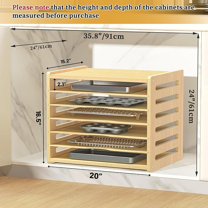 7 Tier Large Size Wooden Tray Dividers for Cabinet, Kitchen Cabinet Tray Divider for Pans, Storing pans, Baking trays, Cutting Board