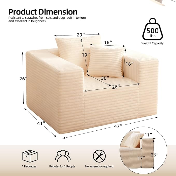 Single Sofa Foam Couch Sofa for Small Spaces, Giant Bean Bag Chair, Comfy Sofas with Removable Cover Furry Couch Pillows for Living Room, Bedroom, Apartment, Dorm, Office