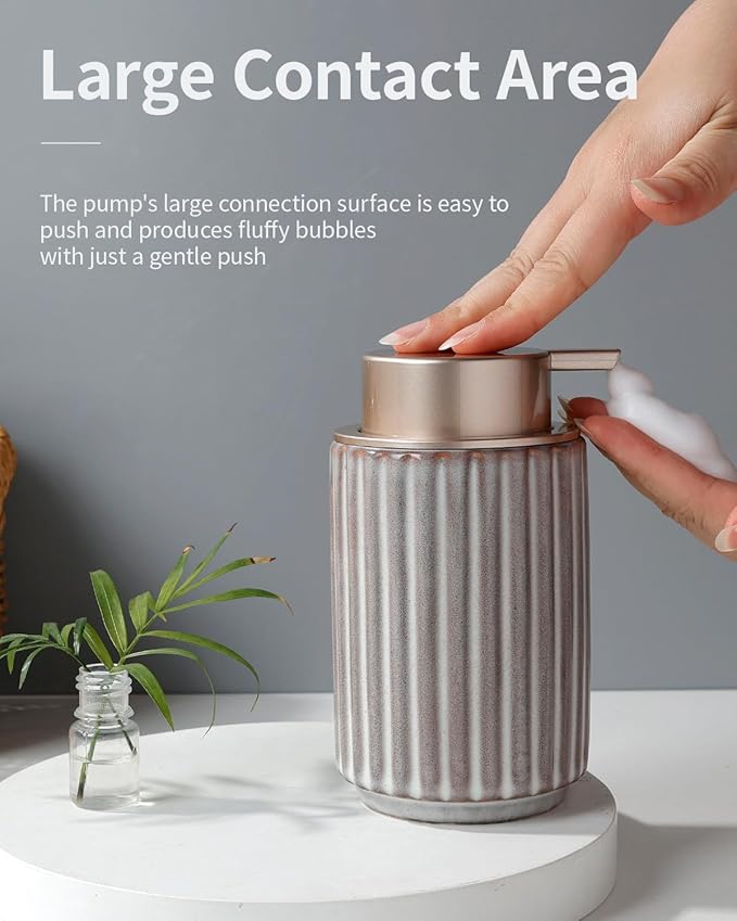 Foaming Soap Dispenser, Ceramic Refillable Foam Hand Soap Pump for Bathroom and Kitchen, Lotion Dispenser, Brown Foaming Dish Soap Dispenser, Modern Stripe Design, ANTIS'S HOME