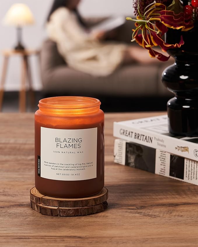 M&SENSE Blazing Flames Scented Candles with Log Fire - Patchouli & Cedarwood, Large Natural Soy 19.4oz 110 Hour Long Lasting Non Toxic Clean Burn Candle Gifts for Men Women