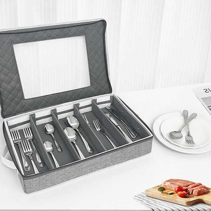 homyfort Flatware Storage Case Box, Silverware Organizer, Tableware Cutlery Utensil Storage Container with Cover/Lid and Adjustable Compartments for Flatware Organization (Grey)
