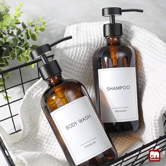 GMISUN Amber Glass Soap Dispenser, 4 Pack Bathroom Hand Soap Dispensers with Stainless Steel Flat Pump, 17 Fl Oz Kitchen Dish Soap Dispenser, Modern Vintage Liquid Brown Soap Dispensers Bottle Set