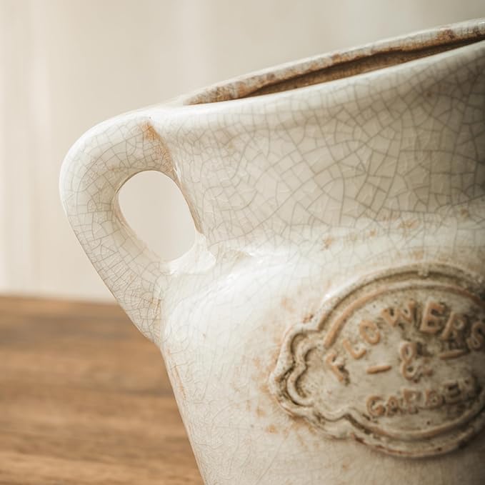 Rustic Ceramic Vase, 5.8 Inch Distressed Wide Mouth Vase with Ice Cracked Glazed, Farmhouse Vintage Flower Vases for Home Office Decor Living Room Bedroom Table Centerpiece Decorations