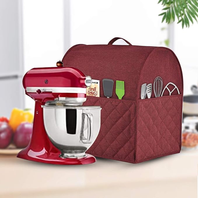 Stand Mixer Dust-proof Cover for KitchenAid Mixer,Multi Pockets for Various Kitchen Appliance Accessories,Water-resistant,Easy Cleaning (Wine red, Fit for Bowl Lift 5-8 Quart)