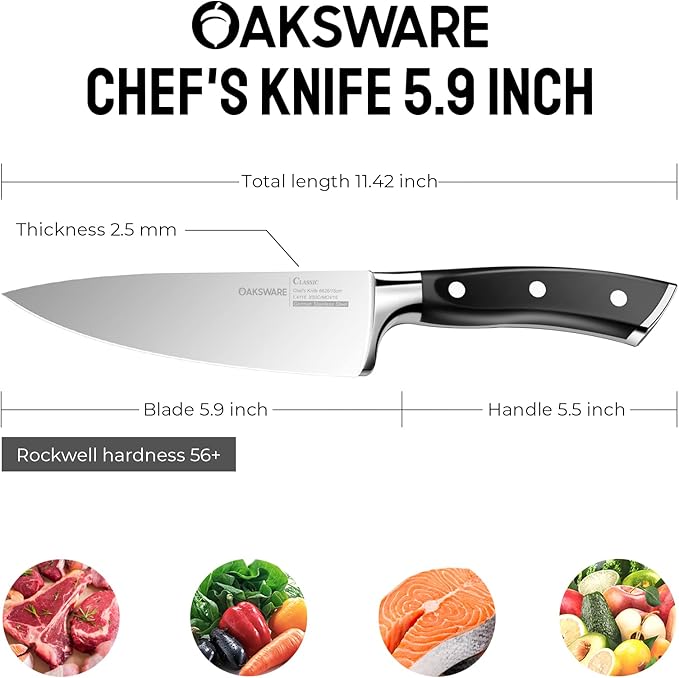 OAKSWARE Chef Knife, 6" Cutting & Cooking Kitchen Knife - High Carbon German Steel Razor Sharp Knives Professional Meat Knife with Ergonomic Handle