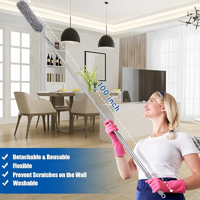 Feather Duster with 30-100 Inches Adjustable Long Pole,Extendable Feather Duster for Cleaning Ceiling Chandelier,Furniture, Blinds and Furniture
