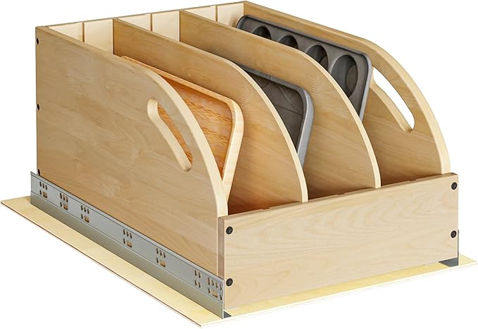 WelFurGeer Birchwood Pot and Pan Organizer with Soft-Close Drawer, Pull Out Cabinet Organizer, Heavy-Duty Slide-Out Storage for Baking Sheets, Cutting Boards, and Kitchen Utensils