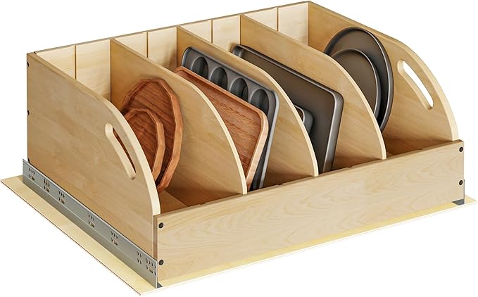WelFurGeer Birchwood Pot and Pan Organizer with Soft-Close Drawer, Pull Out Cabinet Organizer, Heavy-Duty Slide-Out Storage for Baking Sheets, Cutting Boards, and Kitchen Utensils