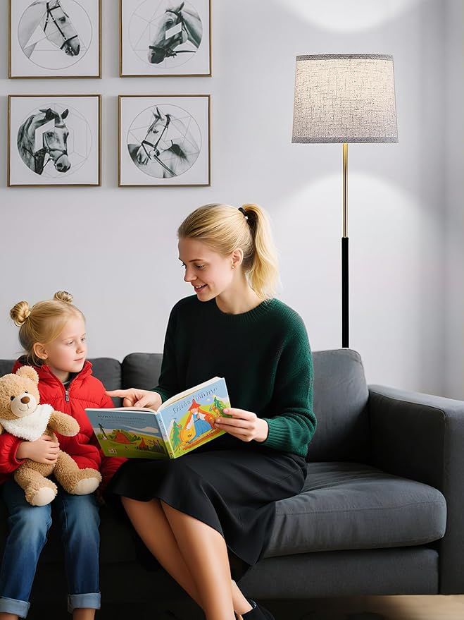 60" Modern Floor Lamp for Living Room Bedroom, Standing Lamp with Oatmeal Linen Lampshade, Tall Lamp with A19 9W 3 Color Temperature Bulb, Foot Switch Control, Black & Gold