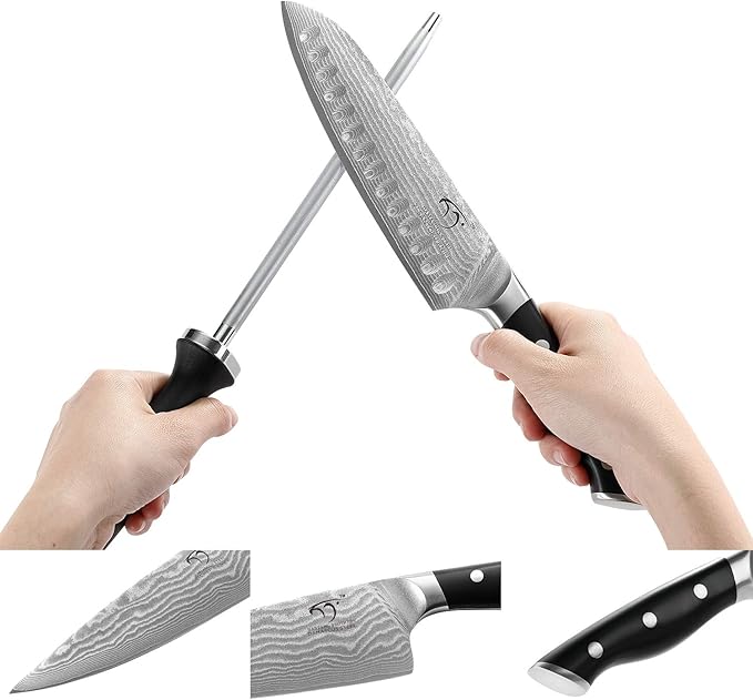 Damascus Kitchen Knife Set, 15-Piece Kitchen Knife Set with Block, ABS Ergonomic Handle for Chef Knife Set and Serrated Steak Knives Knife Sharpener and Kitchen Shears, Beechwood Block