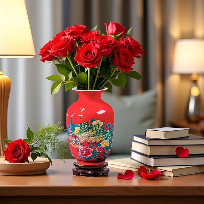 MTME Porcelain Figurines, Jingdezhen Peacock Decorative Flower vase, Home Decor, Wedding Gifts, Aesthetic Sculpture Home décor (Red)