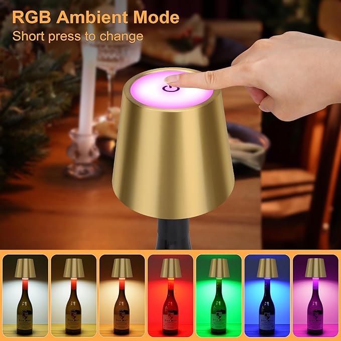 DUSKTEC Wireless Wine Bottle Lampshade, 8 RGB Modes, Light Temperature 3000-6500K, Rechargeable Touch Wine Bottle Lamp, Portable Wireless Lamp, Bar Lights, Party, Gift (Gold)
