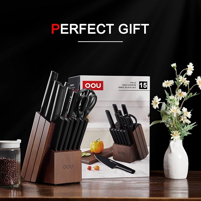 OOU Kitchen Knife Set - 15 Pcs High Carbon Stainless Steel Chef Knife Sets, Dishwasher Safe Black Knives Block Set With Built in Sharpener, Gifts for Men Women