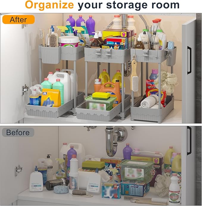 3 Pack Under Sink Organizers, 2-Tier Multi-Use Kitchen and Bathroom Organizers and Storage with Sliding Drawers,Bathroom Cabinet Organizer (Gray, 14.8 Inch)