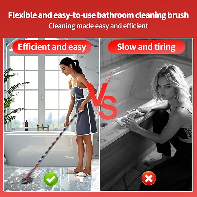 Tile Tub Scrubber Brush No Scratch with 4 Different Function Cleaning Heads and 51" Long Handle- Shower Scrubber for Cleaning Bathroom Kitchen Toilet Wall,Bathtub,Sink,Floors, Walls, mats, Ceilings