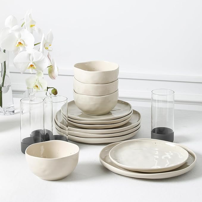 Stone Lain Mirella 32-Piece Dinnerware Set Stoneware, Borosilicate Glass, Beige