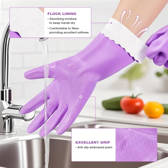 Elgood Reusable Dishwashing Cleaning Gloves with Latex free, Cotton lining,Kitchen Gloves 2 Pairs,Purple+blue large