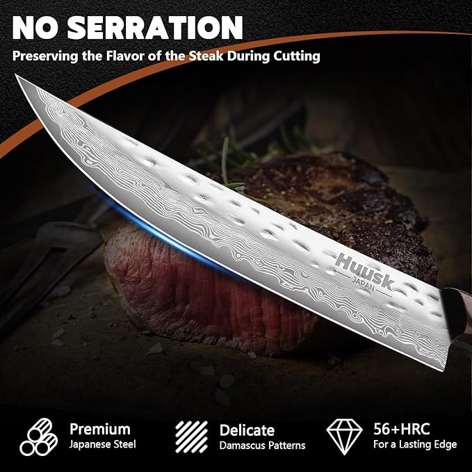 Huusk Knife Set, Steak Knives Set of 4, Japanese Steel Kitchen Steak Knives 4.9 Inch With Wood Handle, Non-serrated Meat Knife with Damascus Pattern, Full Tang Dinner Knife With Gift Box