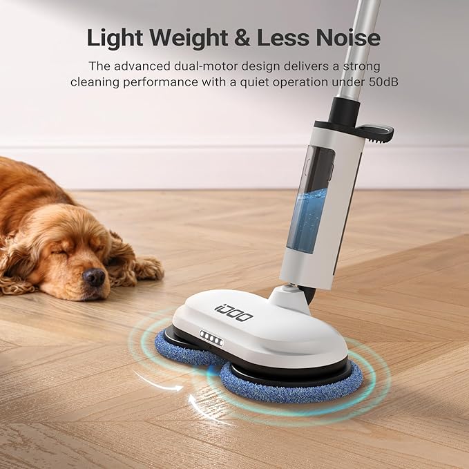 iDOO Cordless Electric Mop, Mops for Floor Cleaning Machine for Home, Detachable Water Tank & Headlight, Power Spin Spray Floor Scrubber for Tile, Hardwood, Laminate Cleaning, White-4 Pads