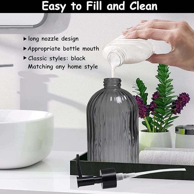 Grey Glass Soap Dispenser with Black Plastic Pump, 13.5oz Refillable Liquid Hand Soap Dispenser, Lotion Dish Soap Dispenser for Modern Home Decor, Bathroom, Kitchen Countertop, Hotel