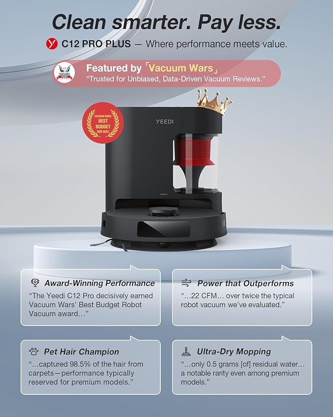 Yeedi C12 PRO Plus Robot Vacuum and Mop, 8000Pa Strong Suction, Vibrating Mopping, 7-Week Dust Storage, Bagless Dust Container, ZeroTangle Brush, Black
