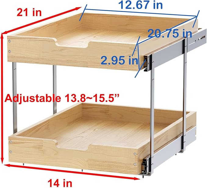 Wood Pull Out Cabinet Organizer 2 Tie 14" W x 21" D, Heavy-Duty Sliding Drawers for Inside Cabinets Storage and Organization for Kitchen, Pantry, Bathroom