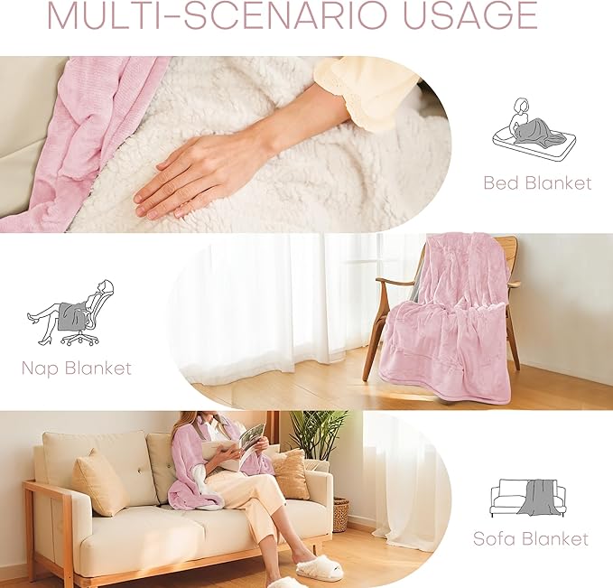 Electric Heated Blanket Throw Size 50"x60" - Flannel & Sherpa Fabric Dual-Sided, 6 Heat Settings & 3 Hours Auto Off, Soft & Cozy Warming Throw for Home, Office, or Bed, Machine Washable, Light Pink
