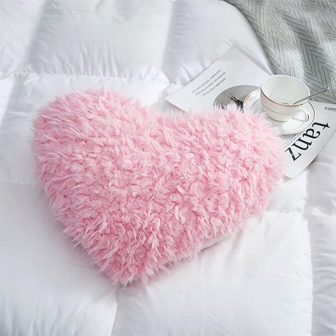 MOOWOO Pink Girl Heart Throw Pillow with Pillow Cover and Insert,Love Pillow,Valentines Day Decor, Shaggy Faux Fur Fluffy Pillow, Gift for Mothers,Girls (Pink,Heart Shape-15.7X15.7Inches)