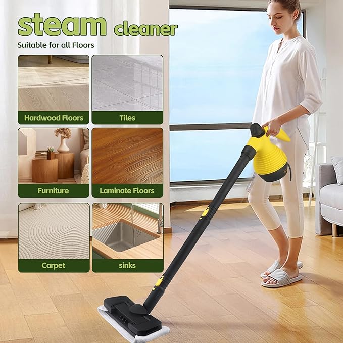 Steam Mop with Detachable Handheld Steam Cleaner,350ml 1050W Floor Steamer Cleaner for Home with 16 Accessory Kit, Multi-Purpose Steamer for Cleaning Floor, Tile, Windows, Couch, Grout,Dirt(yellow)