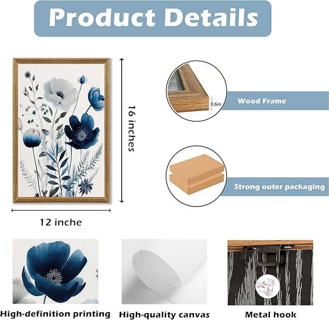 DUWQU 3 Pcs Blue Floral Canvas Wall Art, Wood Framed Navy Blue Wildflower Lily Daisy Art Wall Decor, Watercolor Botanical Flower Home Poster Art Prints for Living Room Bedroom Bathroom 16×24 Inches