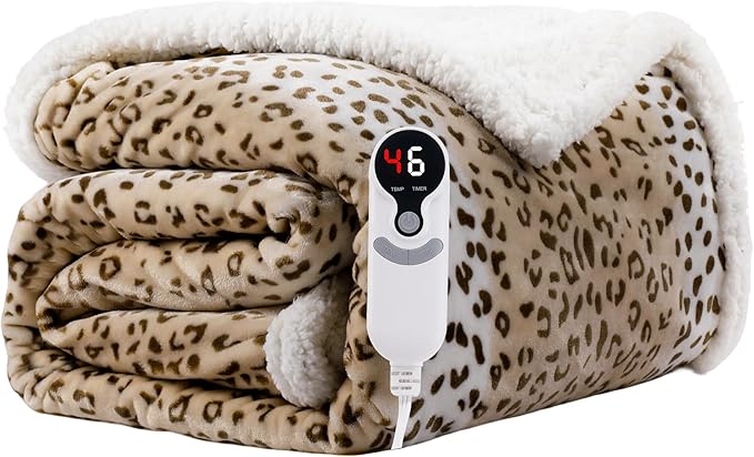 Electric Heated Blanket Throw Size 50"x60" - Microplush & Sherpa Fabric Dual-Sided, 6 Heat Settings & 3 Hours Auto Off, Cozy Warming Throw for Office or Bed, Machine Washable, Beige Leopard Print