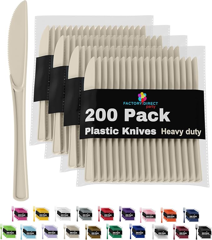 Party Solids Ivory Plastic Knives 200 Pcs Ivory Knives Disposable Utensils Heavy Duty Plastic Cutlery Set Disposable Cutlery Sets Flatware Sets Silverware Set Party Supplies & Party Tableware