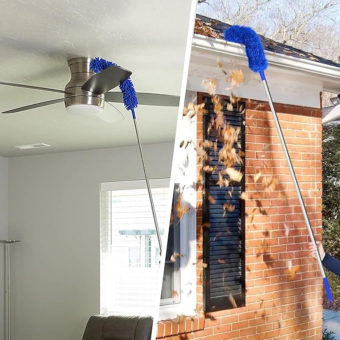 Cobweb Duster with Extension Pole, Cobweb Brush and Ceiling Fan Duster Kit for Cleaning, 15-100Inch Long High Rigidity Handle Aluminum Telescoping Pole, Washable(Blue)