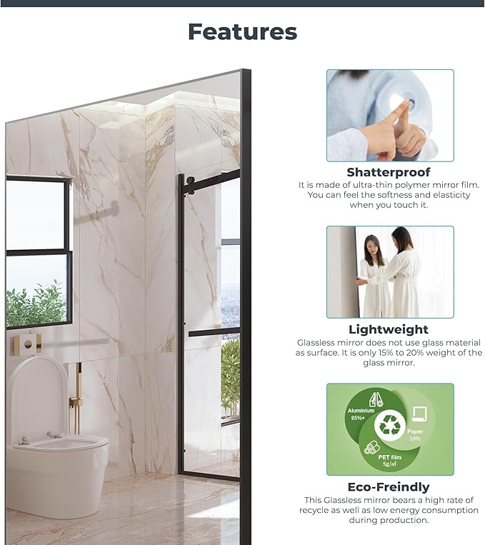 Unbreakable Glassless Mirror Ultra Light Shatterproof Wall Mounted Large Mirror for Dance Studio and Bedroom,0.04mm Nano Film, 30" x 40" Gold