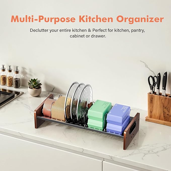 Expandable Food Container Lid Holder Organizer, Adjustable 13.97-22 Inch V-Shaped Kitchen Cabinet Storage Rack with 20 Slots & 6 Adjustable Dividers for Lids, Cutting Boards, Baking Pans