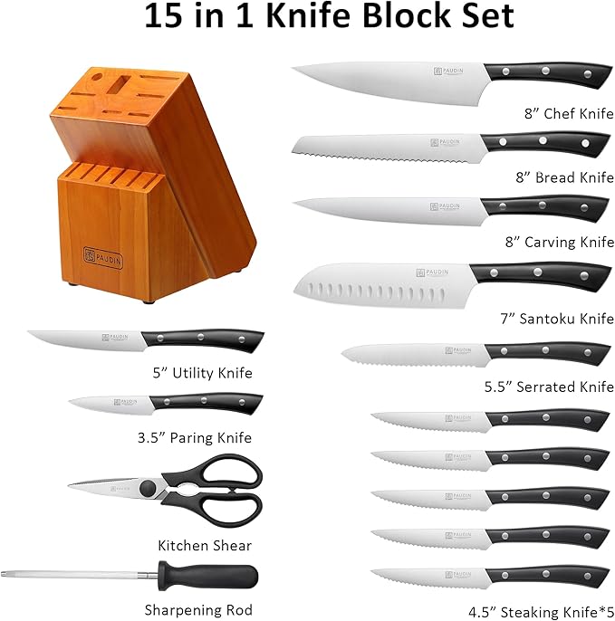 PAUDIN Knife Block Set, 15-Piece Knife Set with Block, High Carbon German Steel Kitchen Knife Set with Block and Sharpener, Sharp Knives Set for Kitchen, Precision Cutting with Ergonomic Handle