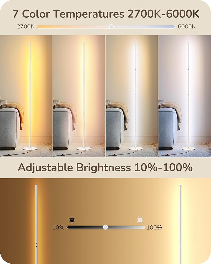 EDISHINE Modern Minimalist LED Floor Lamp, Set of 2, 57.5" Height, 7 Color Temperature 3000-6000K, Dimmable Corner Floor Lamp for Bedroom, Living Room, Office, White