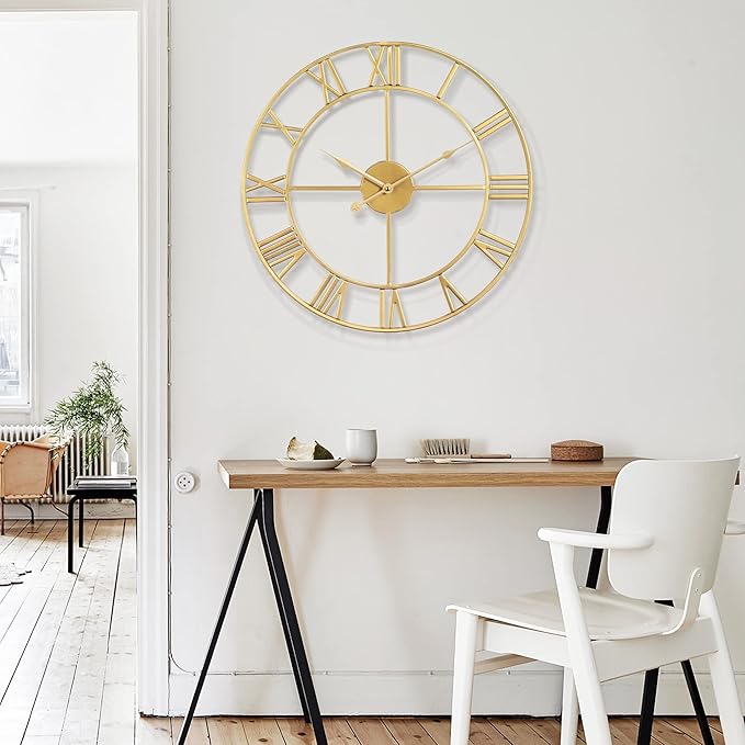 Large Wall Clock, Metal Retro Roman Numeral Clock, Modern Round Wall Clocks Almost Silent, Easy to Read for Living Room/Home/Kitchen/Bedroom/Office/School Decor (Gold, 18.5 Inch)