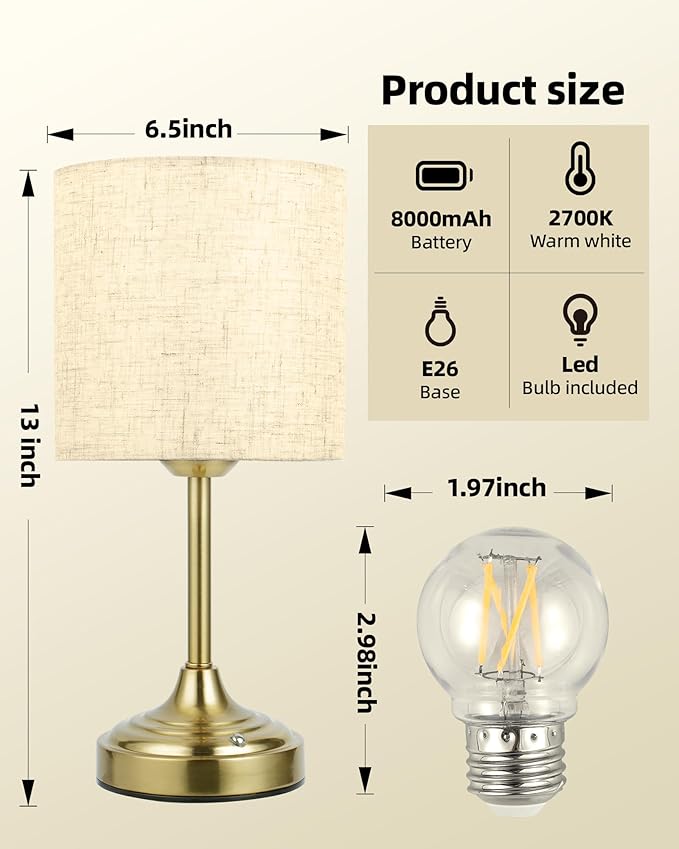 Wireless Lamp, 2-Pack, 8000mAh, Dimmable, 2700K, Touch Control, Portable, Small, LED, Rechargeable Table, Rechargeable, Cordless, Desk Lamp, Kitchen Lamp, Fabric Shade, for Dining Room, Living Room