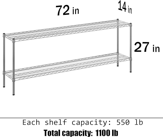 14" Deep x 72" Wide x 27" Height Wire Shelving Kit | 2-Tier | NSF Commercial Storage Rack Unit