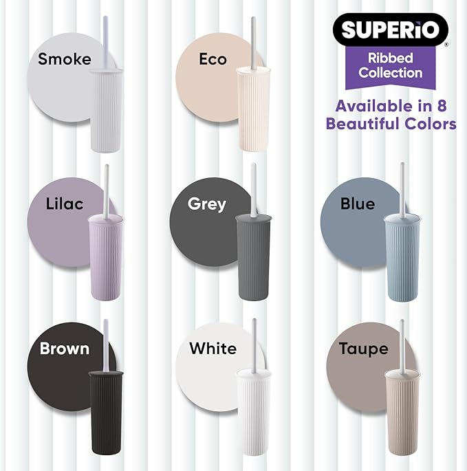Superio Ribbed Collection - Eco-Friendly Decorative Plastic Toilet Bowl Brush and Holder Set, (1 Pack) Cleaner Scrubber for Bathroom